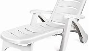 Giantex Folding Lounger Chaise Chair on Wheels Outdoor Patio Deck Chair Adjustable Rolling Lounger 5 Position Recliner w/Armrests (1, White)
