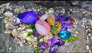Colorful and transparent pebbles are all over the beach, an abandoned gem island in the PacificOcean