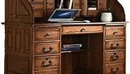 Roll Top Desk Solid Oak Wood - 54 Inch Deluxe Executive Rolltop Desk Burnished Walnut Stain for Home Office Secretary Organizer Roll Hutch Top Easy Assembly Quality Crafted Construction