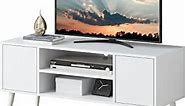 HOME BI TV Stand for 50 InchTV, Mid Century Modern Entertainment Center, TV Console with 2 Storage Cabinets & Open Shelf for Living Room,Bedroom (White)