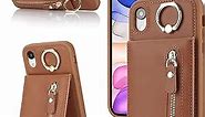 iPhone XR Phone case Wallet for Women, iPhone XR Phone case with Card Holder with Credit Card with Ring Kickstand Zipper Shockproof Slim Stand Case for iPhoneXR - Brown
