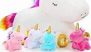 KMUYSL Toys for Girls Ages 3 4 5 6 7 8+ Years - Unicorn Mommy Stuffed Animal with 4 Baby Unicorns in Her Tummy, Soft Unicorn Plush Toys Set, Christmas Birthday Gifts for Baby, Toddler, Kids