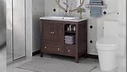 Merax 36 Inch Bathroom Vanity with Sink and Countertop, Ceramic Basin, Cabinet with Soft Closing Doors and Drawers, Adjustable Shelf, Solid Wood Frame, Brown