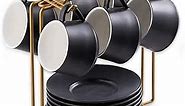YHOSSEUN Coffee Espresso Cups with Saucers Set with Cup Holder 4 oz, Set of 6 - Demitasse Cups Black