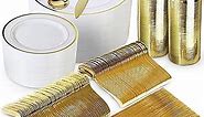 600 Piece Gold Dinnerware Set – 200 White and Gold Plates – Set of 300 Gold Plastic Silverware – 100 Plastic Cups – Disposable Gold Dinnerware Set for Party - 100 Guests