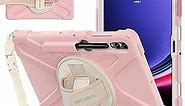 BRAECNstock Samsung Galaxy Tab S9 Plus 12.4 inch Case with Pencil Holder, Shockproof Protective Cover, Rotating Hand Strap & Stand, Sakura Pink