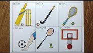 How to draw Outdoor Games ( Cricket, Hockey, Tennis, Football, Badminton, Basketball)