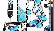Loheckle for iPhone SE 2022/ SE 2020/8/7 Square Case, Designer Retro Luxury Cases for Women with Ring Stand Holder and Lanyard, Stylish Butterfly Cute Cover for iPhone 7/8/SE 2022 & 2020 4.7 Inch