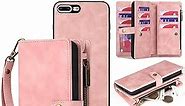 for iPhone 7 Plus/8 Plus Case,Leather All-Round Shockproof Protective, Magnetic Flip,Detachable Phone Case Wallet with Card Holder &Strap for Women/Men(Pink)