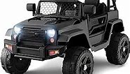 OLAKIDS Kids Ride On Truck, 12V Electric Vehicle Jeep Car with Remote Control, Toddlers Battery Powered Toy with 2 Speeds, Spring Suspension, Double Open Doors, LED Lights, Music, TF, USB, Mp3 (Black)
