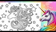 Colorful RAINBOW UNICORN Coloring Page MAGICAL Unicorn & Hearts Coloring Book Page - In Markers