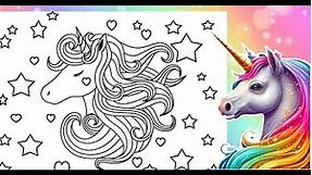 Colorful RAINBOW UNICORN Coloring Page MAGICAL Unicorn & Hearts Coloring Book Page - In Markers