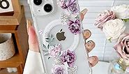 DEFBSC Magnetic Case for iPhone 15 Plus [Work with Magsafe] Clear Floral Flower Pattern Print Design Flexible Acrylic Shockproof Cover for Women Girls,Flower Protective Phone Case,Purple Peony
