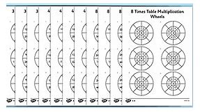 3, 4 and 8 Times Table Multiplication Wheels Worksheet Pack