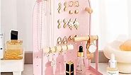 ProCase Cute Jewelry Organizer Stand Earring Holder Organizer for Dorm, Aesthetic Necklace Stand with 6 Removable Wood Hooks, Small Jewelry Display Rack with Bottom Tray for Bracelets Rings -Pink