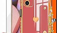 Likiyami (3in1 for Samsung Galaxy A14 5G Phone Case Heart for Women Girls Girly Cute Luxury Pretty Aesthetic with Stand Cases Red and Gold Plating Love Hearts Cover+Screen+Chain for A14 2023 6.6"