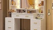 Glass Top Makeup Vanity Table with 10x Magnifying Mirror, Vanity Desk with Mirror and Lights & Charging Station, Compartment Stoarge Drawers & Shelves, 3 Light Settings (Modern White)