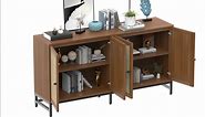 Credenza Rattan Buffet Cabinet, Sideboard Storage Accent Cabinet with 4 Wicker Doors, Wide Modern Console Cabinet for Kitchen, Living Room and Dining Room, Walnut