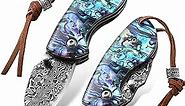 Small Damascus Pocket Knife, Mini Damascus Folding Pocket Knives for men Women Abalone Knife Keychain EDC knife with Thumb Stud, Blue