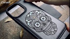 Carveit Designer Wooden Protective Case for iPhone 15 Magnetic Case Cover [Wood Engraving & Shell Inlay] Compatible with iPhone 15 MagSafe Case (Sugar Skull-Cherry)