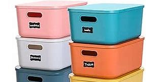 Thyle 6 Pcs 14 In Colorful Plastic Storage Bins 6 Colors Stackable Large Capacity Plastic Desktop Storage Box with Handles Lids, Labels and Marker for Office Classroom Cabinet (14 x 10 x 6 Inch)