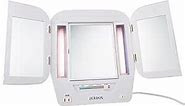 JERDON Modern Tri-Fold Makeup Mirror with Lights - Vanity Mirror with 5X Magnification & Multiple Light Settings - White Base - Model JGL10W