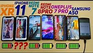 BATTERY DRAIN TEST! IPHONE 11,SAMSUNG A50, REDMI NOTE 8 PRO, ONEPLUS 7 PRO, IPHONE XR, REDMI NOTE 7