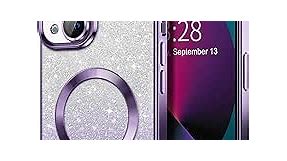 Hython for iPhone 13 Case Clear Magnetic Glitter Phone Cases [Compatible with MagSafe] Full Camera Lens Protector Slim Gradient Sparkle Luxury Plating Shockproof Protective Cover Women Girls, Purple