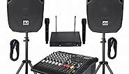MUSYSIC Portable PA System with Wireless Microphone and Speakers – 6 Ch Audio Mixer with Built-in 2000W Amp & Wireless UHF Microphone System, Multiple Inputs, Complete w/Stands - 10" Speaker 800W