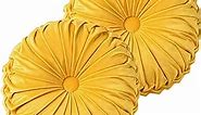 HIG Set of 2 Decorative Round Pleated Throw Pillows, Classy Accent Pumpkin Throw Pillows with Center Button, Vintage Velvet Floor Pillow for Sofa Couch Vanity Chair Bed, Yellow, 14.5" Diameter(RIPPLE)