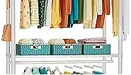 FUTASSI Heavy Duty Garment Rack, 3 Tiers Adjustable Rolling Metal Closet Organizer with Lockable Wheels, Free-Standing Wardrobe with Double Hanger Rods & 1 Pair Hooks, Max Load 450 LBS, White