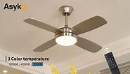 Asyko 42" Ceiling Fans with Lights, Modern Ceiling Fan with Lights and Remote Control/APP, Reversible DC Motor and Dimming, Low Profile Ceiling Fans for Indoor Bedroom, Brushed Nickel