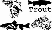Trout Fishing Decal 4 Pack: Trout Jumping for Fly, Trout, Trout with Mountains, Jumping Trout (Black, Small ~3.5")