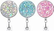3 Pack Retractable Badge Holder, Lightweight Plastic ID Badge Reel with Alligator Clip for Name Card Keychain [Bling Cute Design 24" Nylon Wire Cord]