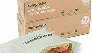 Home Compostable Resealable Sandwich Bags (7"x7") - Microwave & Freezer Safe - Organic Lunch Bags & Snack Bags - Food Storage - Eco Friendly - Food Container - 50 Bags (2 Pack) | 100 Count