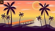 Beautiful Sea Island Vector Sunset landscape Drawing In Illustrator. Sea Beach Drawing Tutorial.