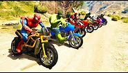 COLOR MotorCycles Jumping in Grand Canyon with superheroes! Cartoon video for kids