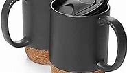 DOWAN Coffee Mugs, 15 oz Mug Set of 2, Large Ceramic Coffee Mug with Cork Bottom and Spill Proof Lid for Mom Dad, Big Mug for Coffee Latte Tea, Matte Grey
