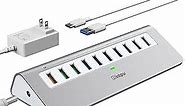 Powered USB Hub 10Gbps, 10 Port USB 3.1 Gen 2 Hub with 7 USB 3.1 Data Ports, 3 Fast Charging Ports, 36W Power Adapter, Type A and Type C Cable, Aluminum USB Data Hub for Mac, PC, Laptop