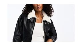 Hollister faux leather cropped biker jacket with faux fur lining in black | ASOS