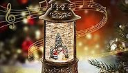 Christmas Snow Globe Lantern Musical,6H Timer Cylinder Glitter Snow Globe,Bronze Snow Globes Christmas with Music Box Including 8 Songs,Lantern with Xmas Tree Snowman Decor