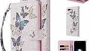 UEEBAI Wallet Case for iPhone 7 Plus/iPhone 8 Plus, PU Leather Phone Case Kickstand RFID Blocking Flip Case with Card Slots Wrist Strap Relief Engraved Pattern Magnetic Folio Case - Blue Butterfly