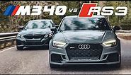 BMW M340i vs Audi RS3 showdown, can the M Lite ca take on an RS car? 4-Door Sports car battle! 0-60!