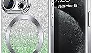 Hython for iPhone 15 Pro Case Clear Magnetic Glitter Phone Cases [Compatible with MagSafe] Full Camera Lens Protector Gradient Sparkle Luxury Plating Shockproof Protective Cover Women, Square/Silver