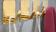 Taozun Adhesive Hooks, Set of 4 Gold Towel Hooks for Hanging Robe, Stainless Steel Coat Hooks Stick on Bathroom or Kitchen Wall