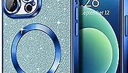 Hython for iPhone 12 Pro Case Glitter, Clear Magnetic Phone Cases with Camera Lens Protector [Compatible with MagSafe] Bling Sparkle Plating Soft TPU Shockproof Protective Cover Women Girls, Deep Blue