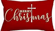 RABUSOFA Red Christmas Cross Pillows Covers 12x20 Inch,Merry Christmas Decorations Winter Decorative Throw Pillow Cases,Farmhouse Holiday Xmas Lumbar Cushion Covers for Couch Living Room Saying(25