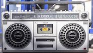 retro ghetto blaster boombox with changing urban backgrounds