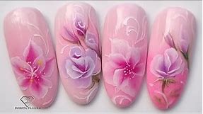 One Stroke Flowers nail art with acrylic paints.