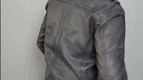 Mens Gray Military Style Distressed Leather Jacket